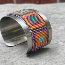 Load image into Gallery viewer, Loom Beaded Bracelet - Delica Tangerine Squares Wide Steel Cuff
