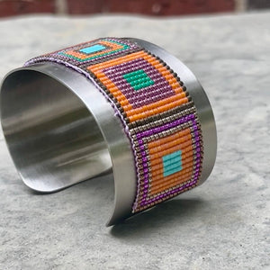 Loom Beaded Bracelet - Delica Tangerine Squares Wide Steel Cuff