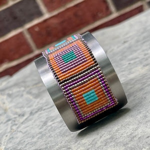 Loom Beaded Bracelet - Delica Tangerine Squares Wide Steel Cuff