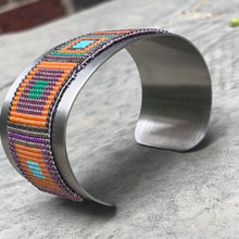 Load image into Gallery viewer, Loom Beaded Bracelet - Delica Tangerine Squares Wide Steel Cuff
