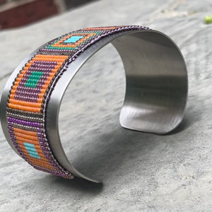 Loom Beaded Bracelet - Delica Tangerine Squares Wide Steel Cuff