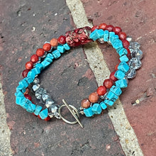 Load image into Gallery viewer, Wire Beaded Bracelet - Red + Blue + Silver

