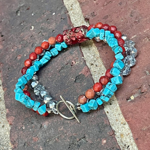 Wire Beaded Bracelet - Red + Blue + Silver