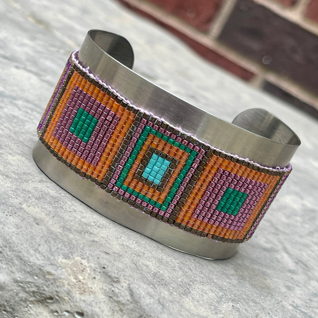 Loom Beaded Bracelet - Delica Tangerine Squares Wide Steel Cuff