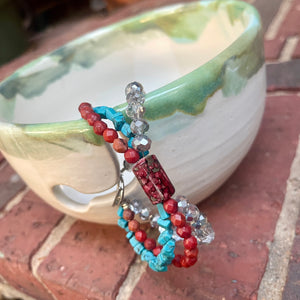 Wire Beaded Bracelet - Red + Blue + Silver