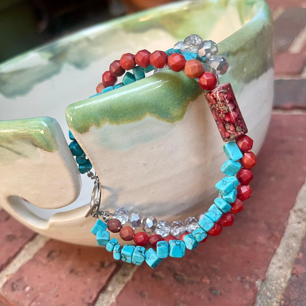 Wire Beaded Bracelet - Red + Blue + Silver