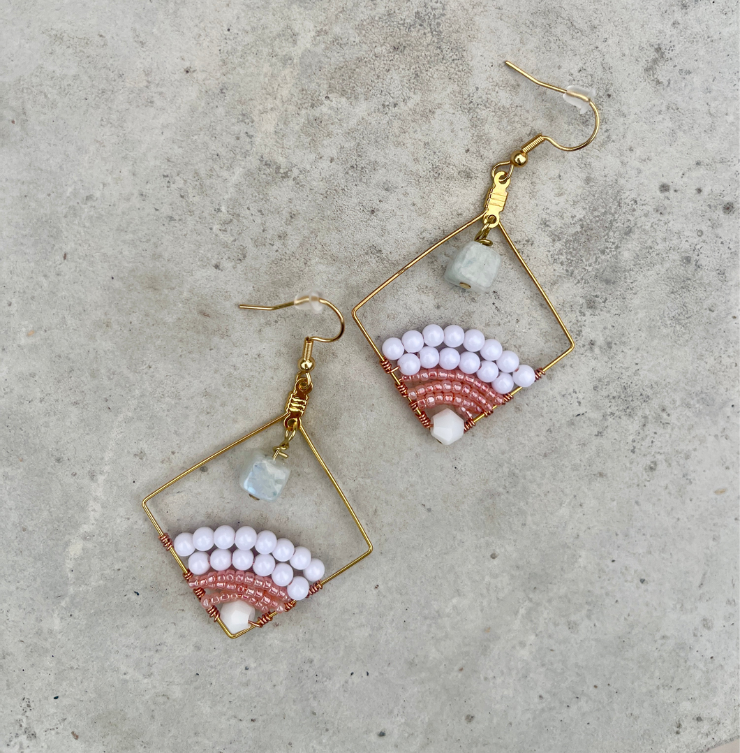 Beaded Wire Wrapped Earrings - Pink Moon