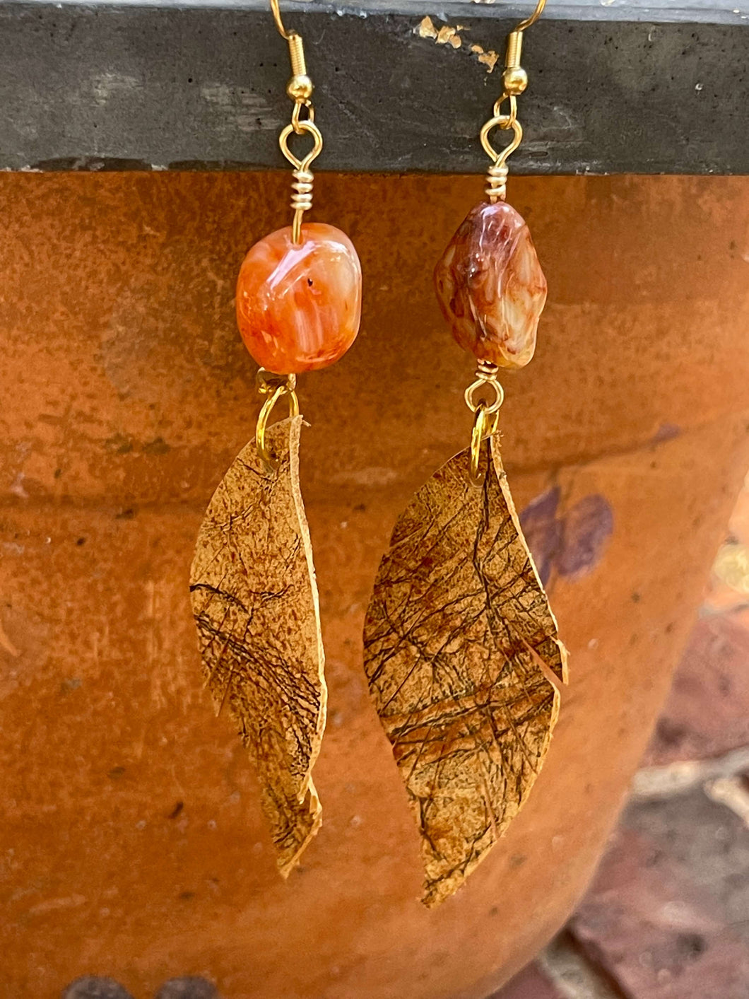 Upcycled Leather Earrings - Orange Stone 1