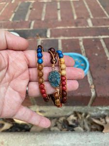 Beaded Wrap Bracelet - Druzy Dark Red, Wood, and Blue Combo