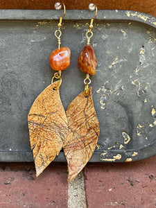 Upcycled Leather Earrings - Orange Stone 1