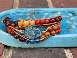 Beaded Wrap Bracelet - Druzy Dark Red, Wood, and Blue Combo