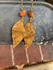 Upcycled Leather Earrings - Orange Stone 1