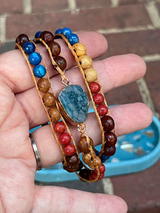 Beaded Wrap Bracelet - Druzy Dark Red, Wood, and Blue Combo