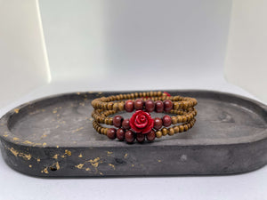 Memory Wire Beaded Bracelet - Red Wood Rose