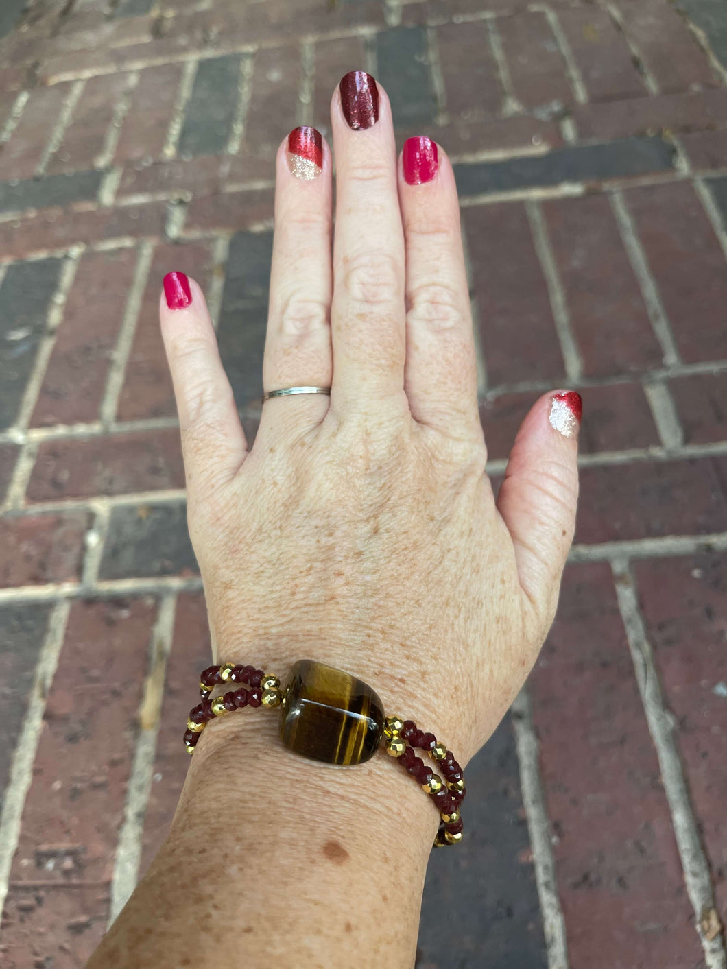 Wire Beaded Bracelet - Tiger Eye Focal with Faceted Bands