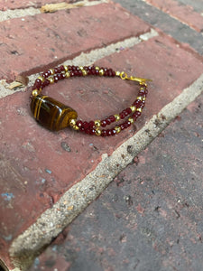 Wire Beaded Bracelet - Tiger Eye Focal with Faceted Bands