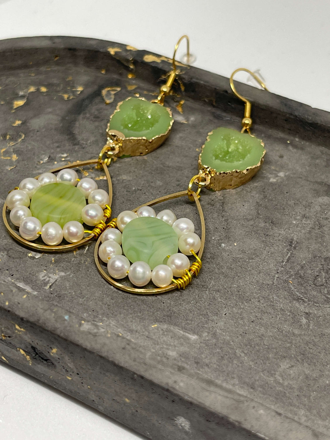 Beaded Earrings - Pearls and Lime