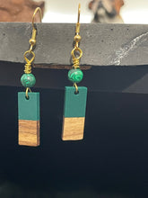 Load image into Gallery viewer, Wood and Resin Earrings - Small Green and a Globe
