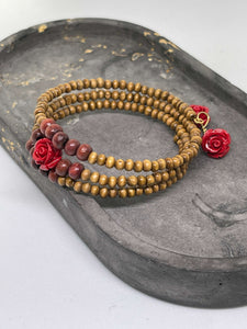 Memory Wire Beaded Bracelet - Red Wood Rose