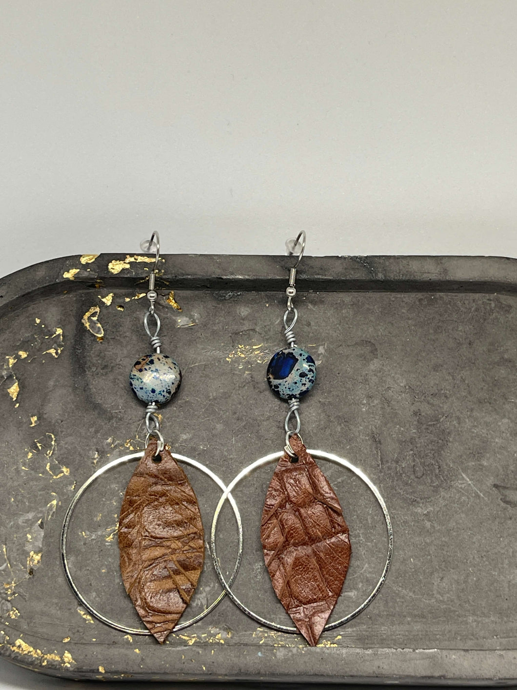 Beaded Earrings - Feather in a Hoop (Brown and Marbled Blue)